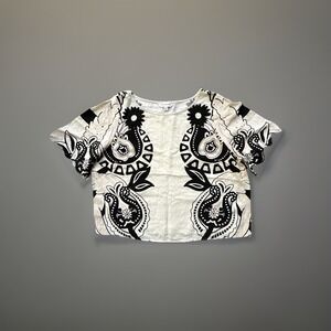 Calligraphie Linen Blend Top L Scoop Neck Flutter Sleeve Black White Floral BOHO